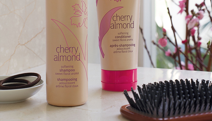 Two bottles of cherry almond hair shampoo and conditioner next to a hairbrush and hair ties on a marble countertop. - K. Charles & Co. in San Antonio and Schertz, TX