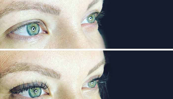 Close-up of a woman's eyes before and after applying mascara in a salon, showing a noticeable increase in eyelash volume and length. - K. Charles & Co. in San Antonio and Schertz, TX