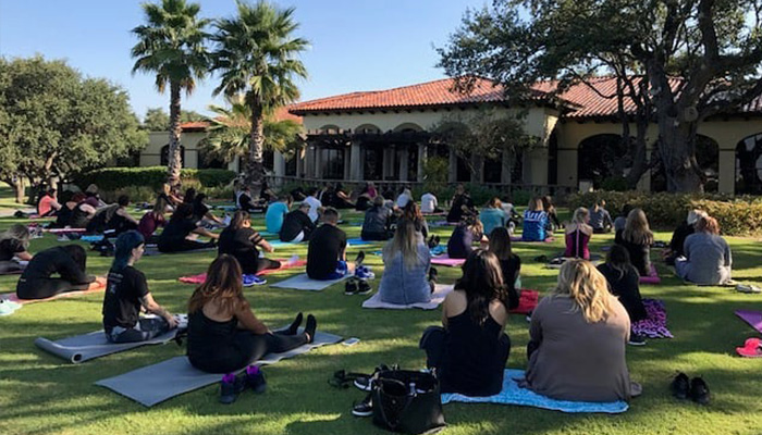 Group of people participating in an outdoor yoga class on a sunny day, with mats spread out on the grass in front of a large building, showcasing diverse hairstyles. - K. Charles & Co. in San Antonio and Schertz, TX