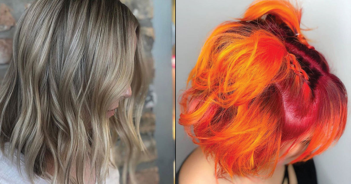 Side-by-side images comparing two hairstyles: on the left, a woman with wavy blonde and gray balayage, and on the right, a woman with vibrant orange and red dyed hair. - K. Charles & Co. in San Antonio and Schertz, TX