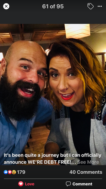 A bearded man and a woman smiling at the camera in a celebratory selfie, with text indicating they are debt free. - K. Charles & Co. in San Antonio and Schertz, TX