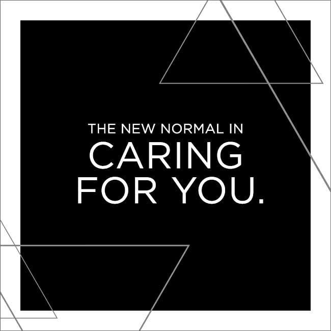 Black square graphic with white text reading "the new normal in caring for your hair." surrounded by asymmetrical white triangle outline designs. - K. Charles & Co. in San Antonio and Schertz, TX