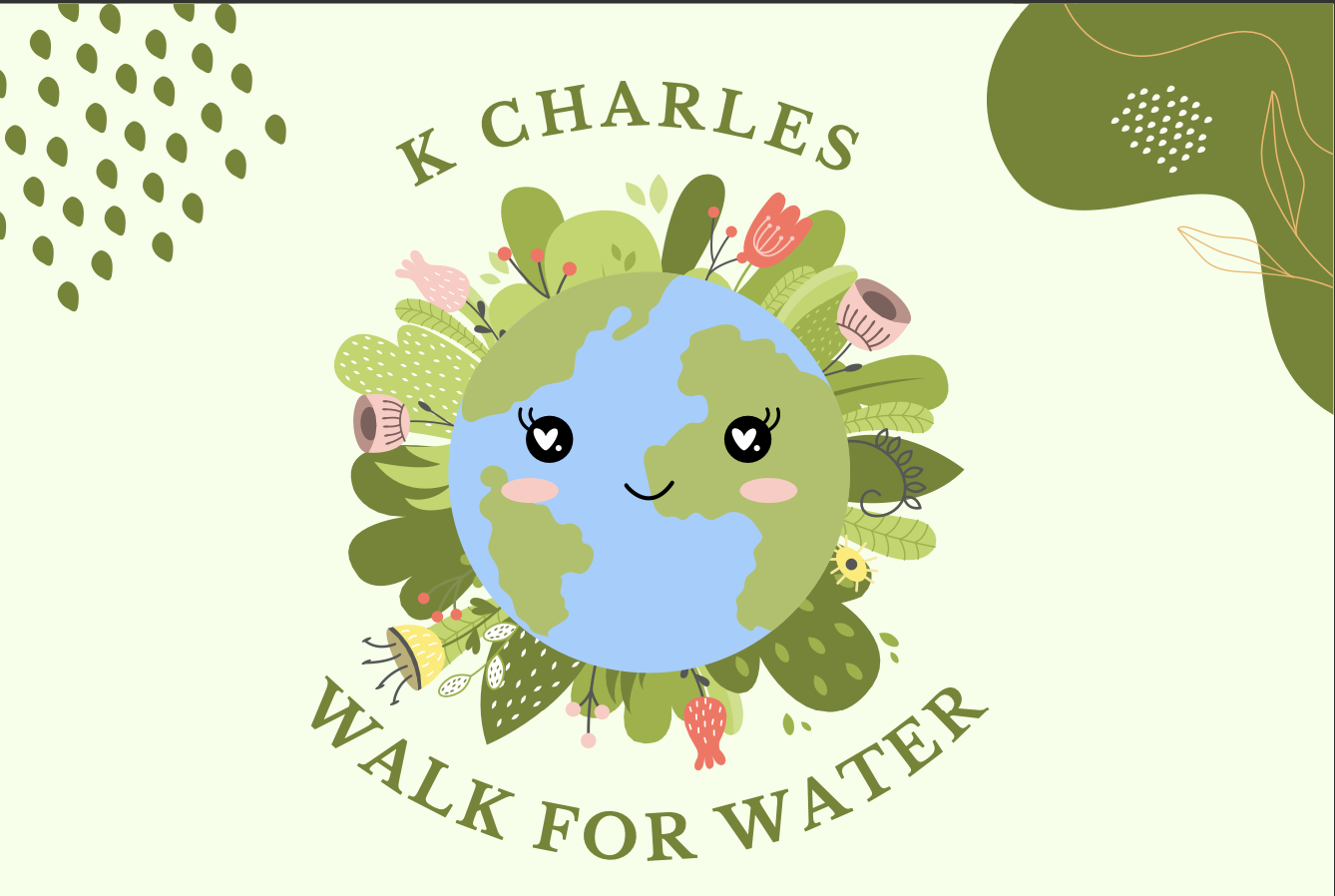 Illustration of a smiling earth surrounded by plants and flowers, with text "k charles walk for water" on a light green background. - K. Charles & Co. in San Antonio and Schertz, TX